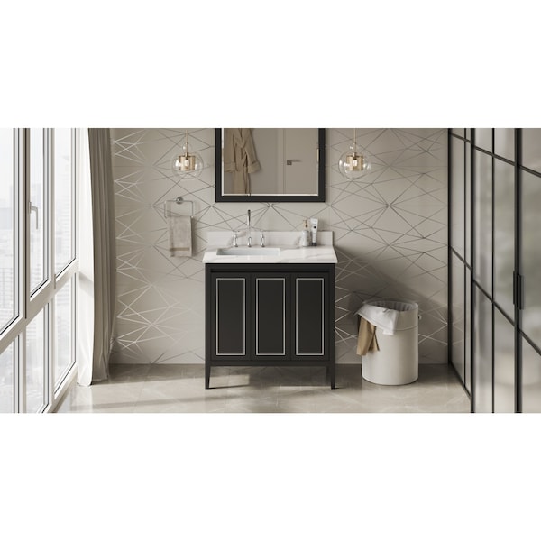 Jeffrey Alexander 36In. Black Percival Vanity, Left Offset, Calacatta Vienna Quartz Vanity Top, Undrmnt Rctngl Bowl VKITPER36BKCQR - main